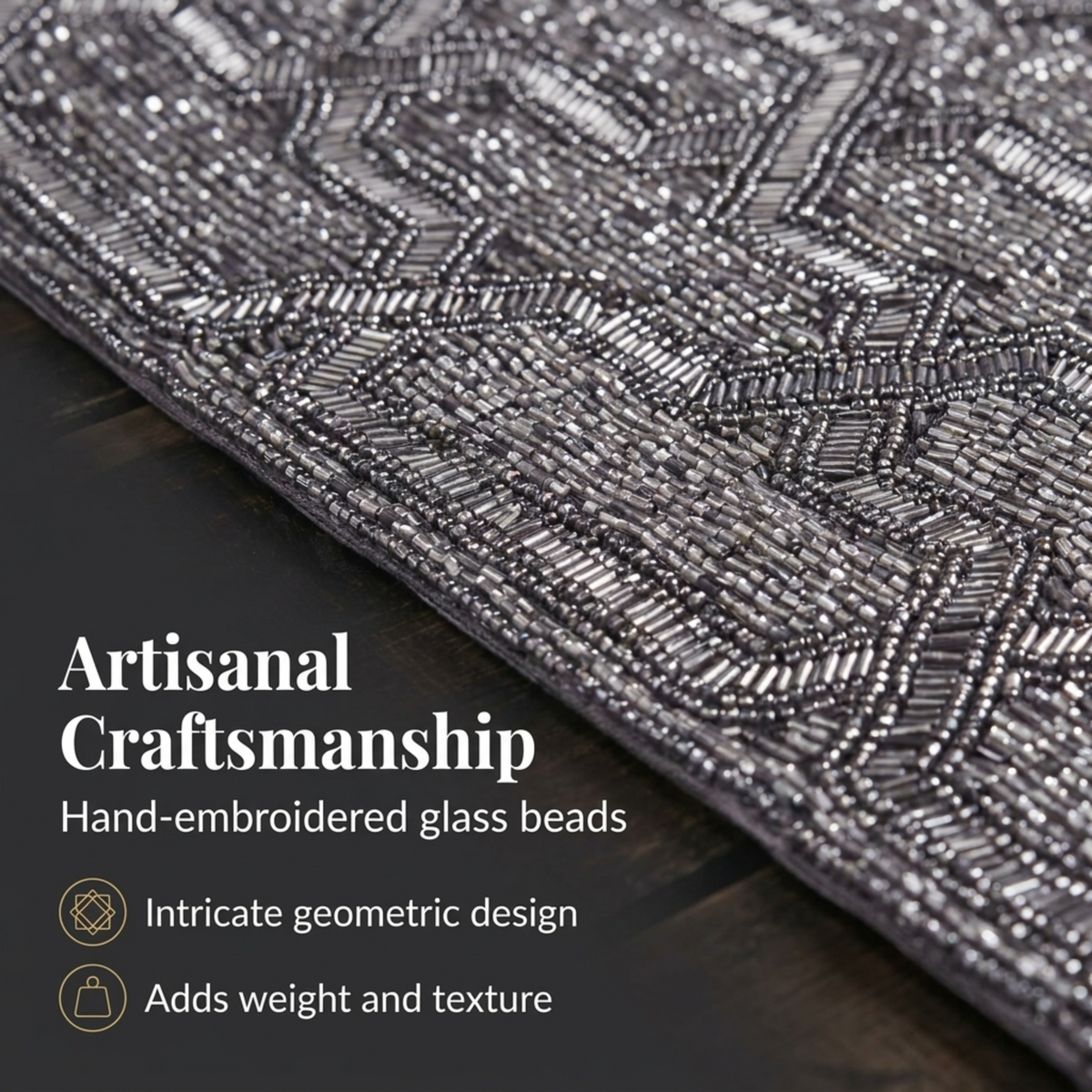 Embroidered beaded placemats from the Creola Grace Charger Plates collection, decorative 15-inch table décor by PM 00009-G