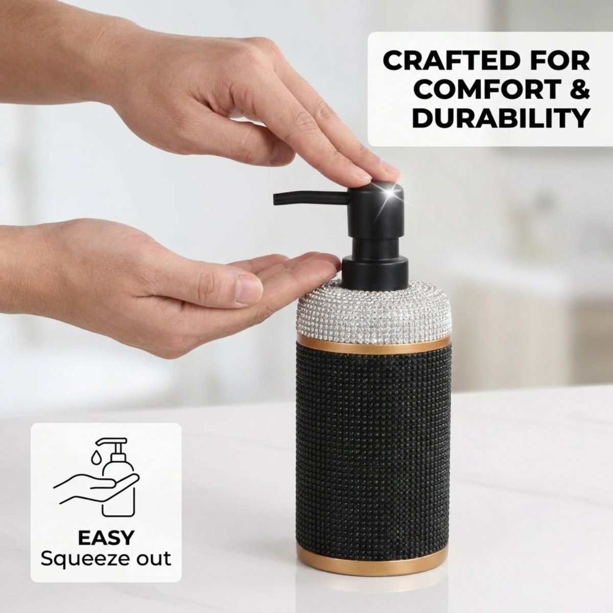 A hand is applying lotion to a black and gold pump bottle with a sparkling design, accompanied by text promoting the product's comfort and durability.