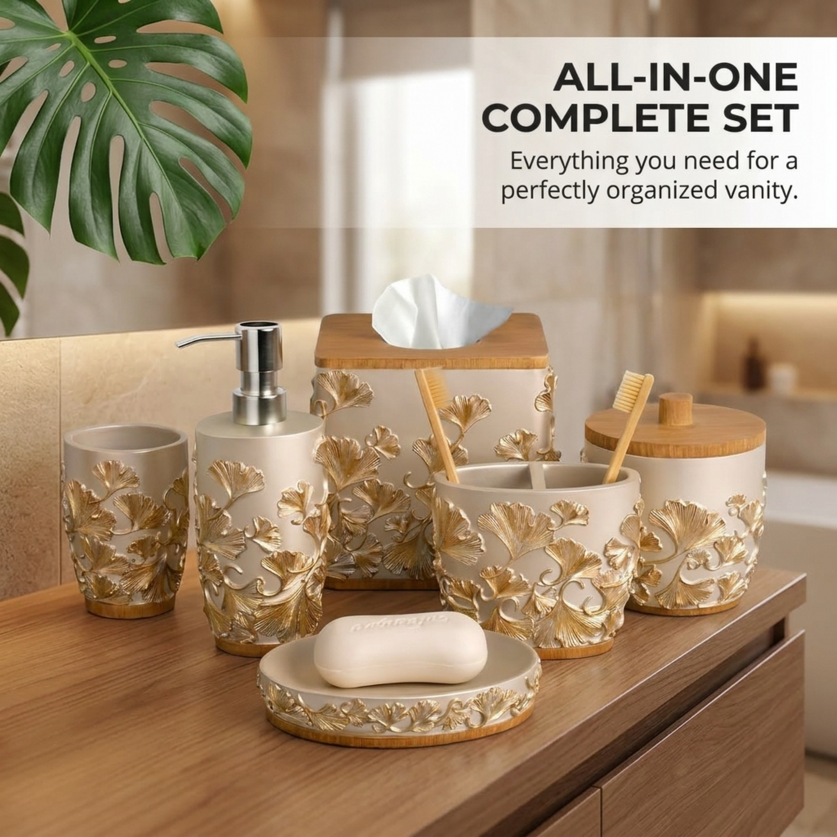 Set of six elegant modern bathroom décor accessories from AH7011 Valencia Collection, featuring sleek, stylish bath accessories.