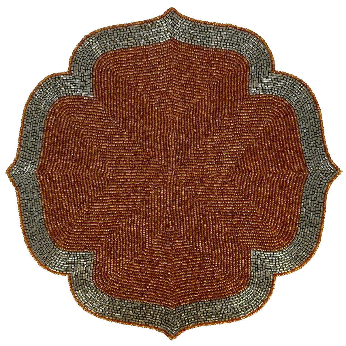Set of two Sunset Frost beaded placemats in burnt orange and silver, embroidered decorative dining table accents, 14 inches.