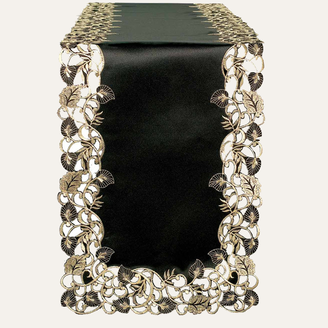 Black gold table runner from RIZ-001-RN Midnight Gold Tarantino Collection, decorative 14x108 inch linen for elegant table decor.