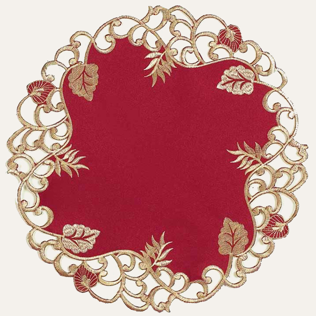 Set of four Royal Garnet Burgundy Gold table doilies from RIZ-002-DL Tarantino Collection, 15-inch elegant home decor.