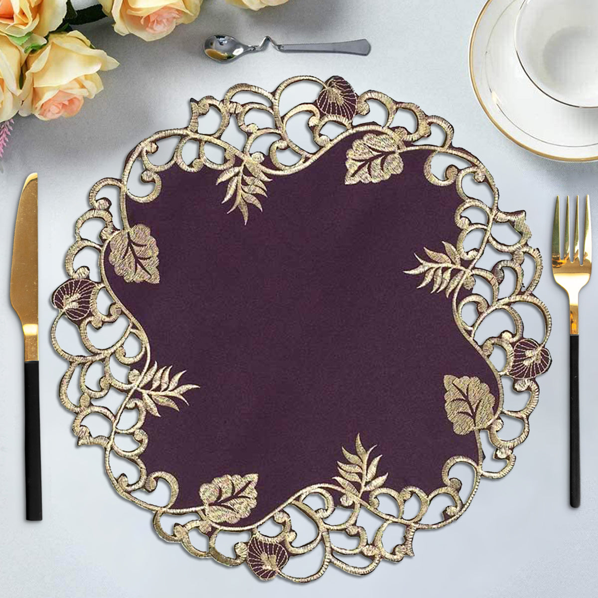 Set of four velvet plum and gold table doilies from the Tarantino Collection, 15-inch elegant dining décor by RIZ-003-DL.