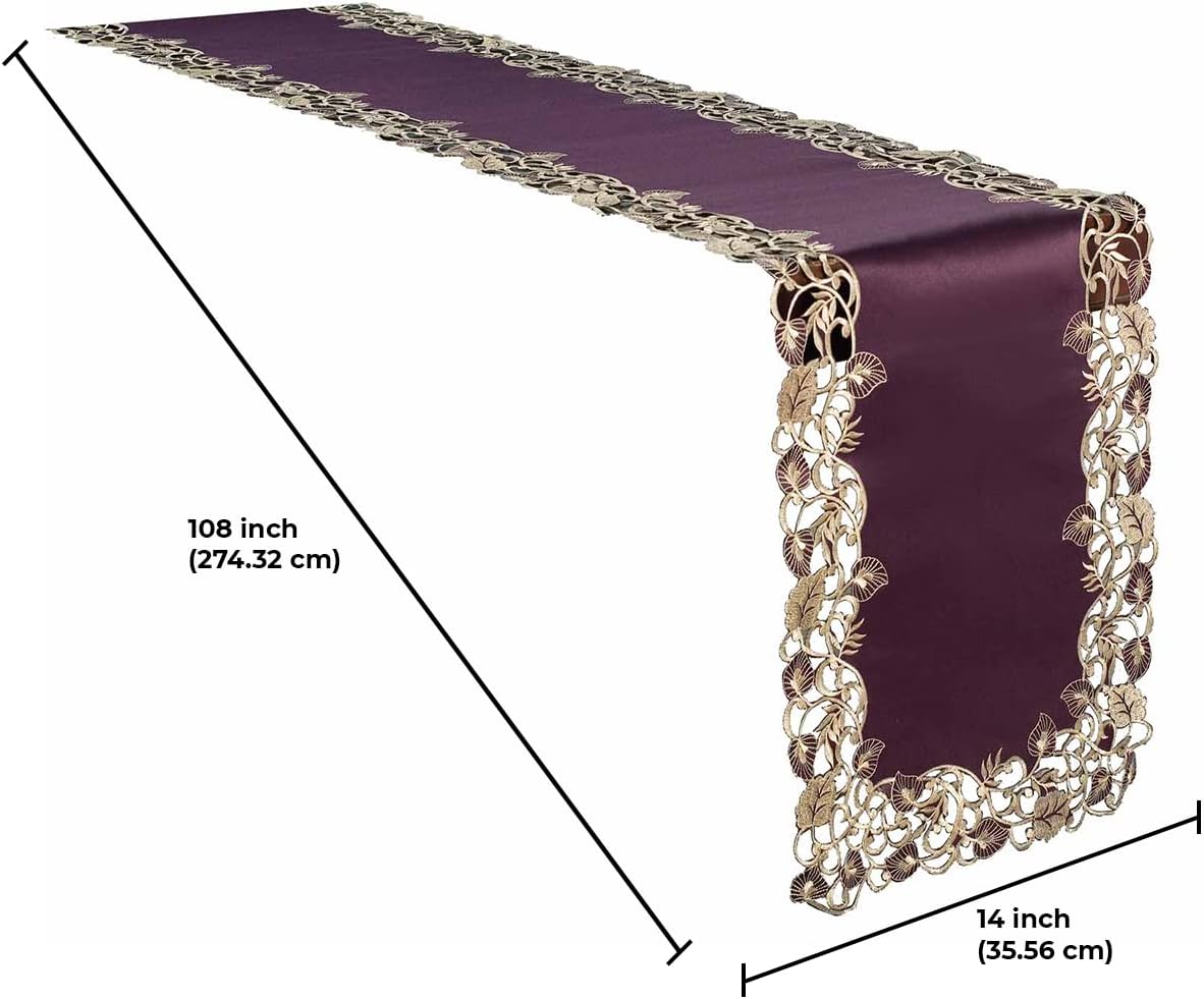 Velvet Plum and Gold Table Runner from RIZ-003-RN Tarantino Collection, artistic 14x108 inch dining accent with elegant design.