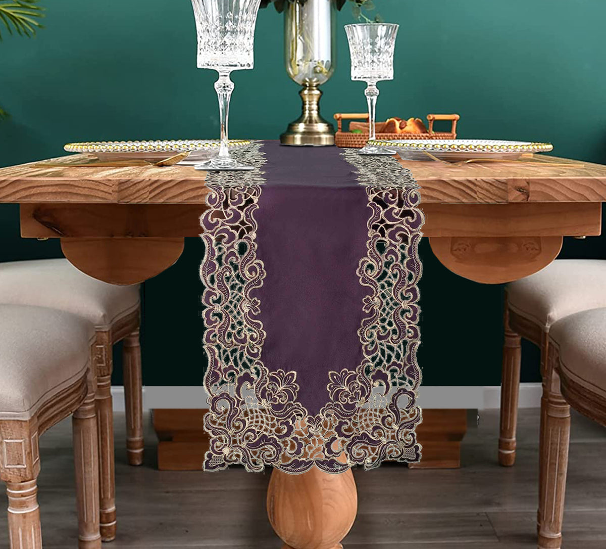 Amethyst Haze Plum Gold table runner from RIZ-006-RN Granada Collection, elegant 14x108 inch artistic table decor.