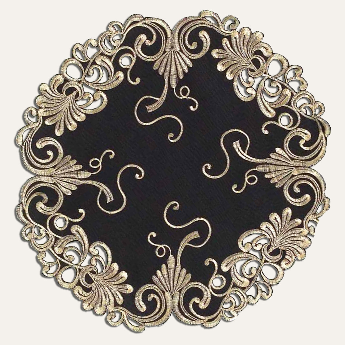 Set of four Golden Night Black Gold table doilies from the Chantelle Collection, 15-inch decorative home accents.
