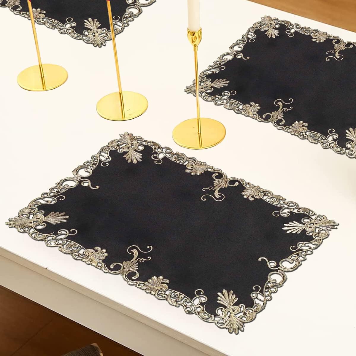 Set of four black and gold table placemats from RIZ-008-PM Chantelle Collection, stylish fabric placemats for dining tables.