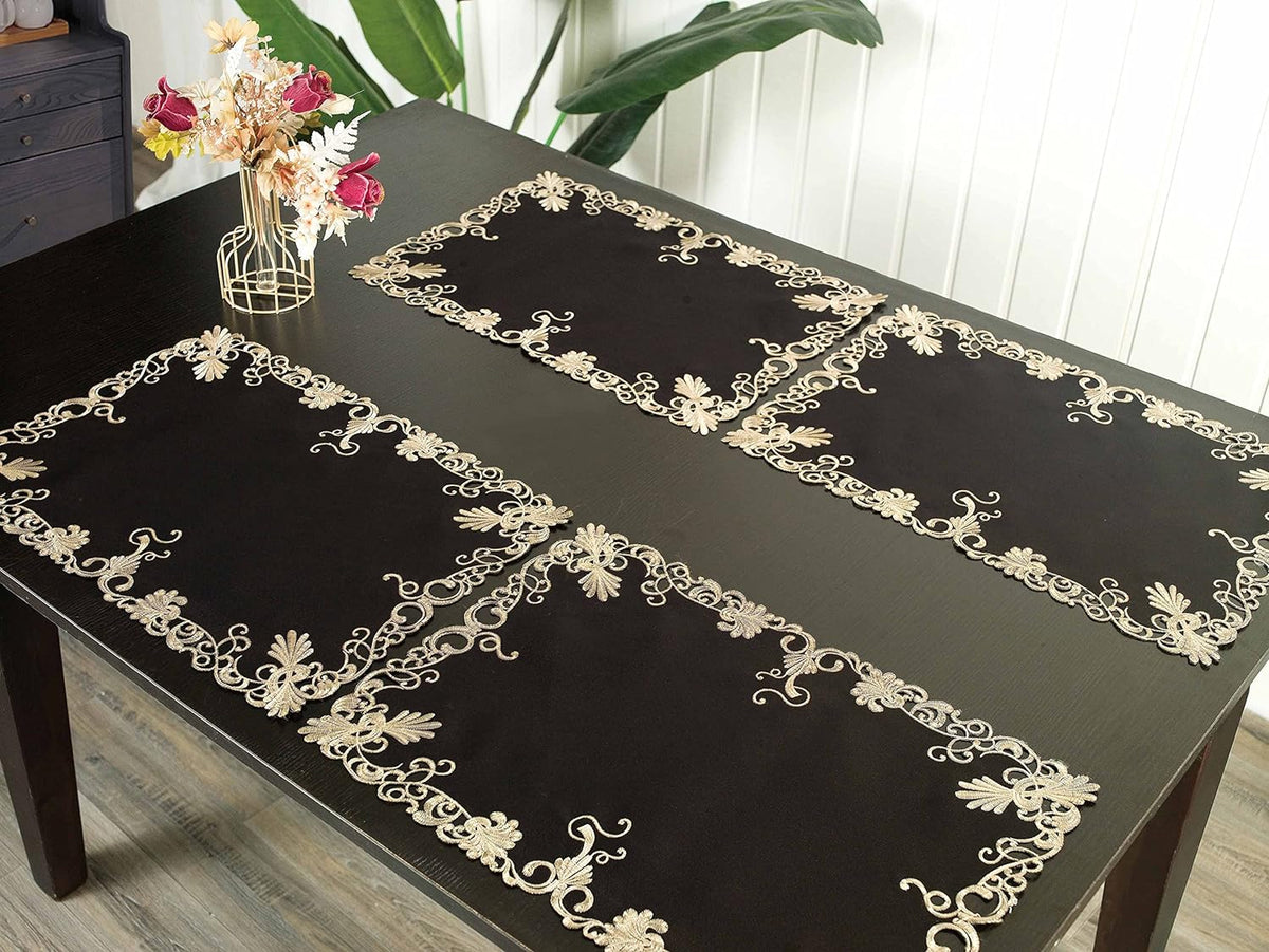 Set of four black and gold table placemats from RIZ-008-PM Chantelle Collection, stylish and elegant placemats for dining tables.