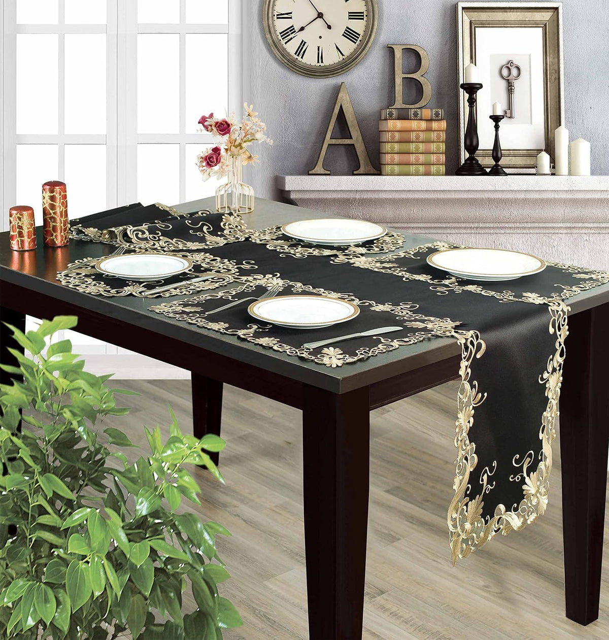 Set of four black and gold table placemats from RIZ-008-PM Chantelle Collection, stylish placemats for dining tables