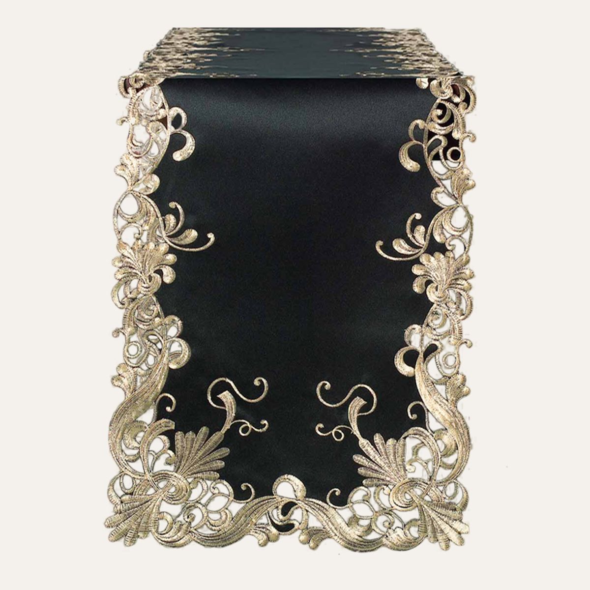 Black gold table runner from RIZ-008-RN Golden Night Chantelle Collection, decorative home accent, 14x108 inches.