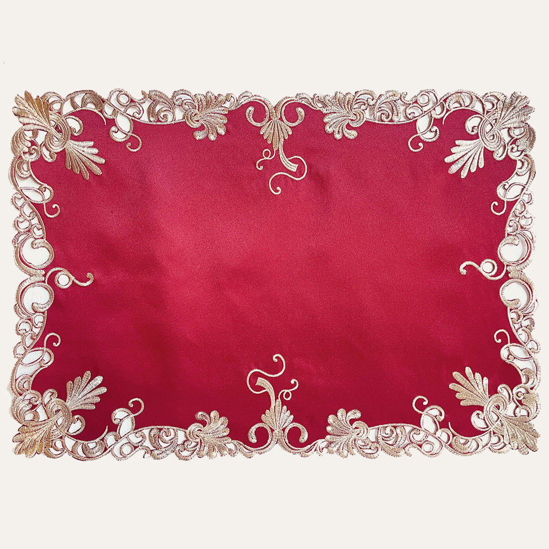 Set of four Burgundy Gold Table Placemats from RIZ-009-PM Chantelle Collection, 12x18 inch, featuring artistic burgundy and gold design.