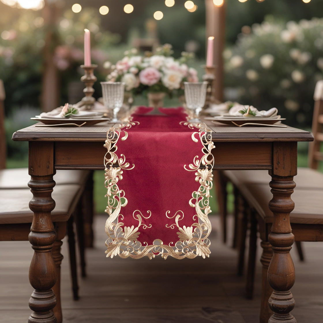 Burgundy and gold table runner from RIZ-009-RN Chantelle Collection, 14x108 inch, elegant artistic table décor for special occasions.