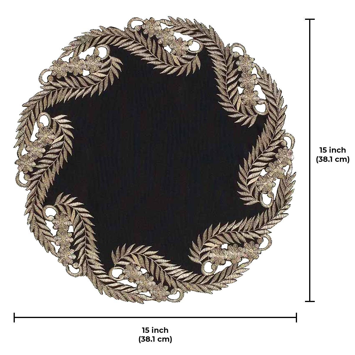 Set of four Ebony Bloom black gold table doilies from RIZ-010-DL Anyce Collection, 15-inch decorative runner for elegant dining.