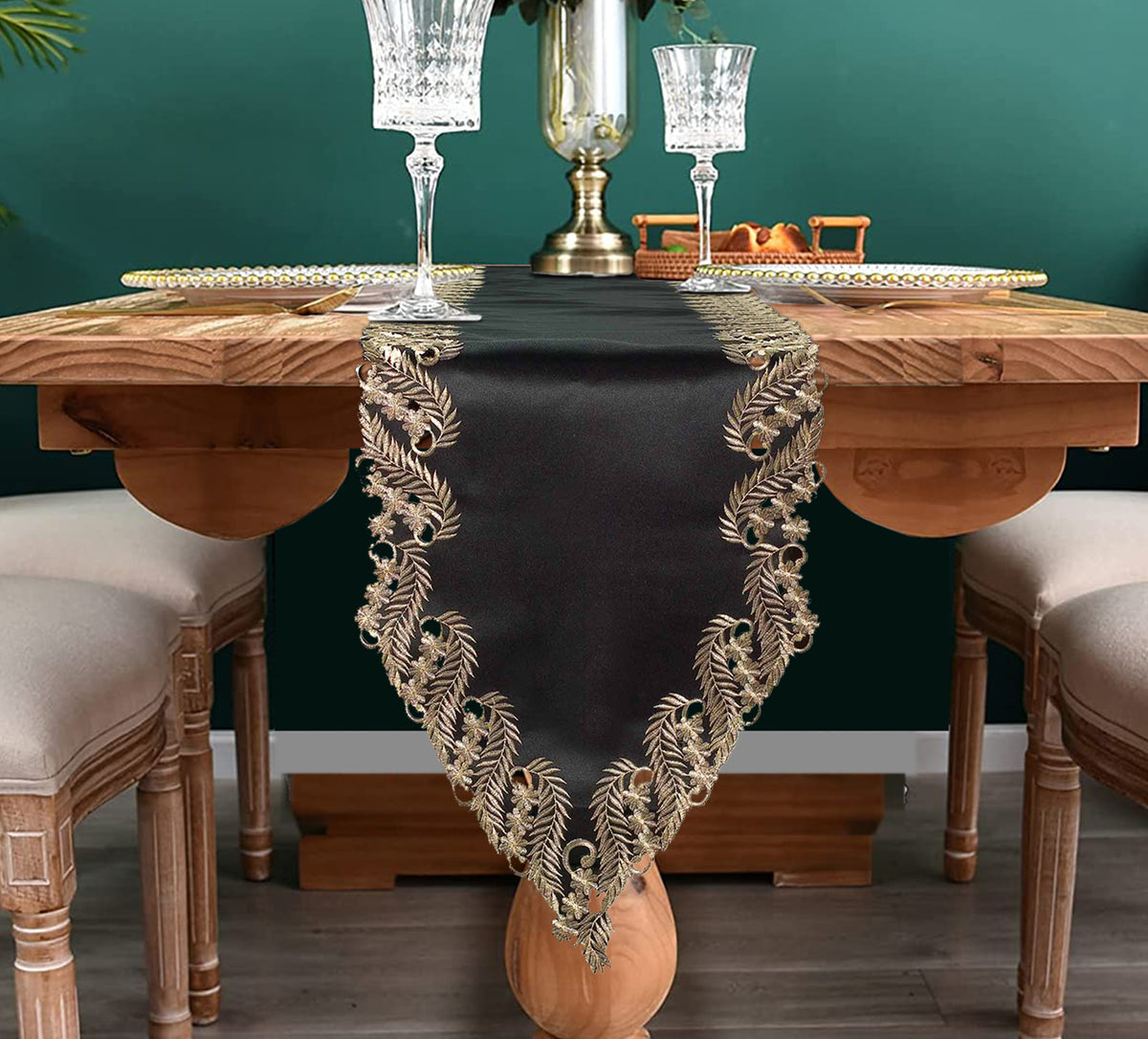 Elegant Black Gold Table Runner from the Ebony Bloom collection, decorative 14x108 inch runner on a stylish table.
