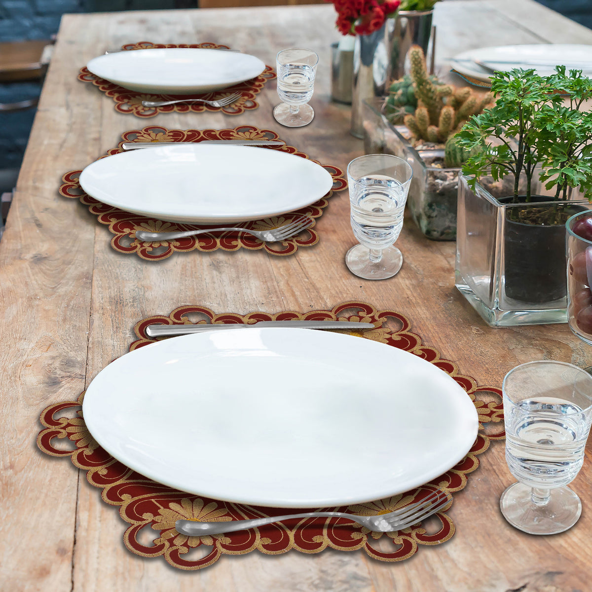 Set of four Imperial Red gold lace doilies, 15-inch European embroidery placemats from RIZ Imperial Red Collection.