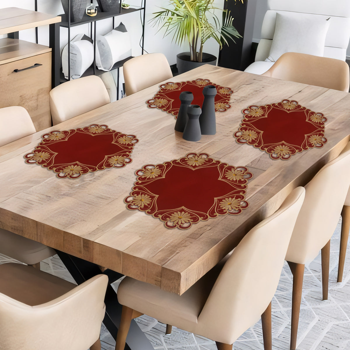 Set of four Imperial Red gold lace doilies, 15-inch placemats with European embroidery from the Imperial Red Collection by RIZ.