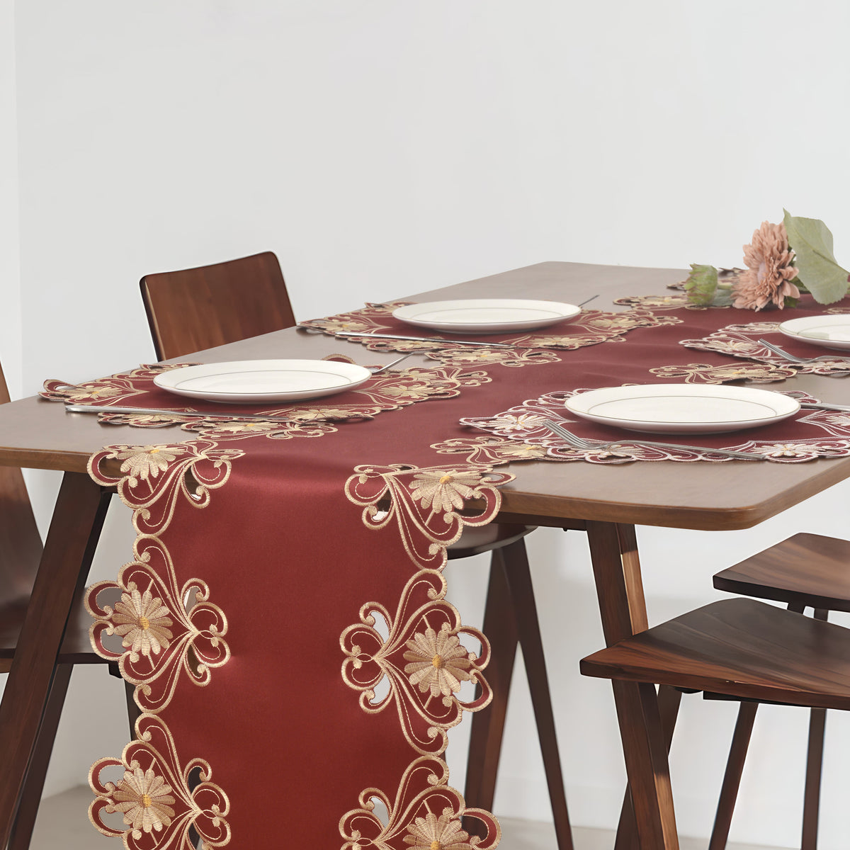 Set of four Imperial Red and Gold Lace Placemats from RIZ Imperial Red Collection, European embroidery decor, 15-inch diameter