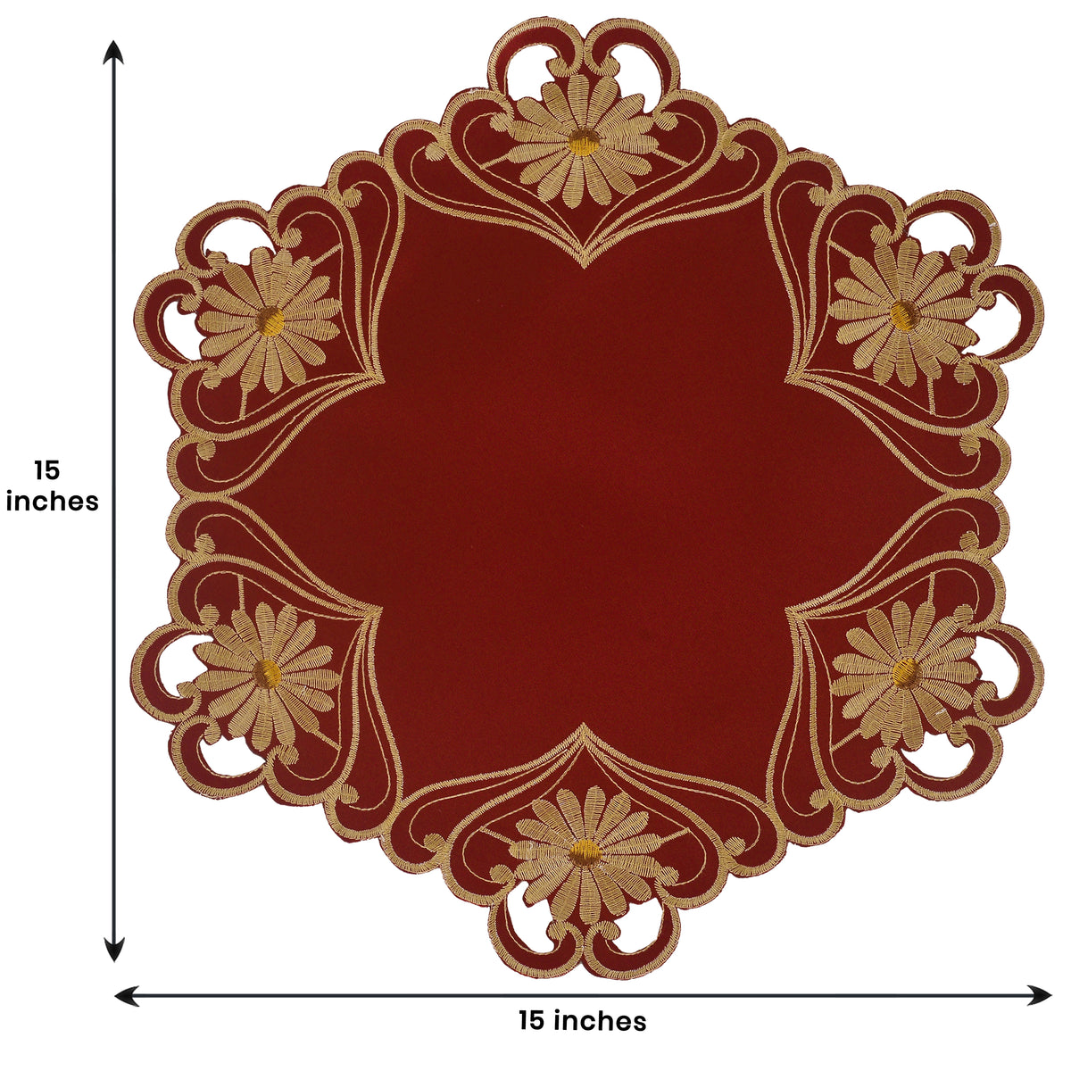 Set of four Imperial Red gold lace placemats from RIZ Imperial Red Collection, 15-inch European embroidery doilies for table décor.