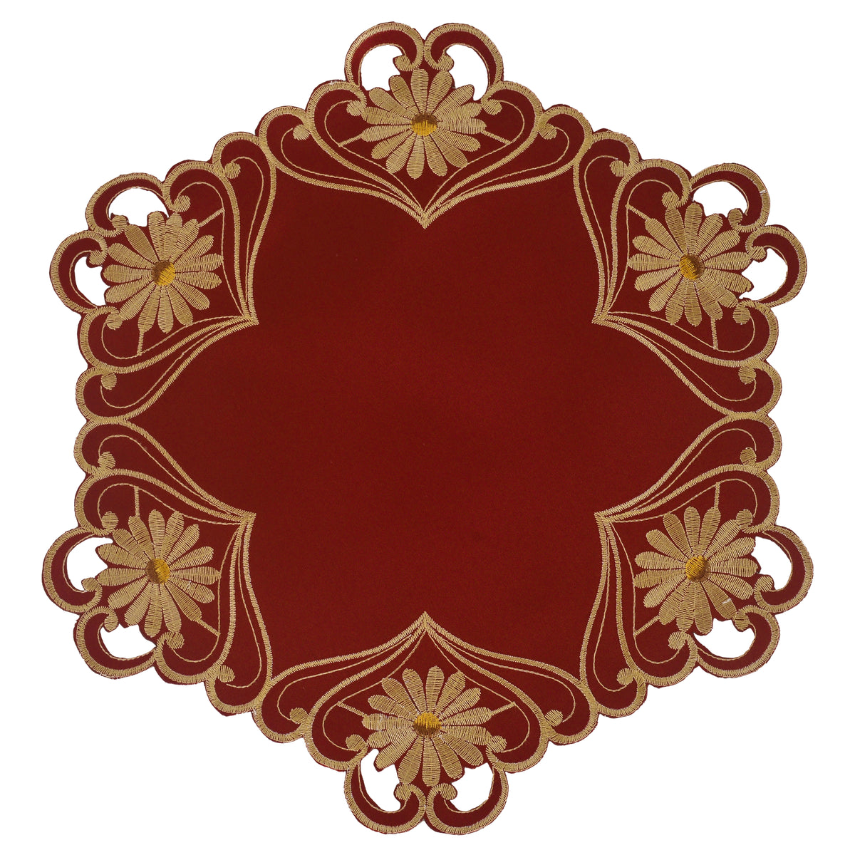 Set of four Imperial Red and gold lace placemats from RIZ Imperial Red Collection, 15-inch European embroidered doilies.