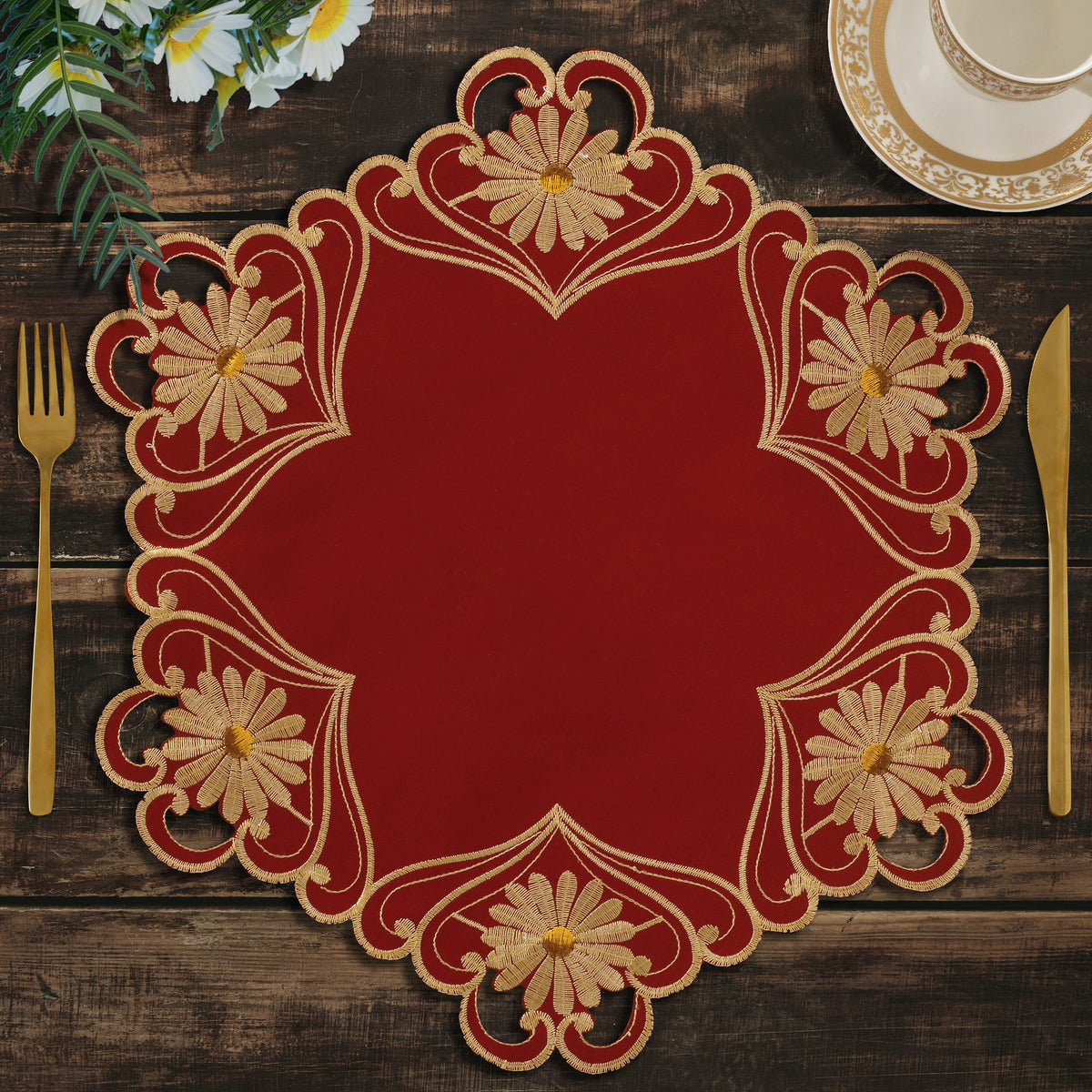 Set of four Imperial Red Gold Lace Doilies placemats from RIZ Imperial Red Collection, 15-inch European embroidery decor.