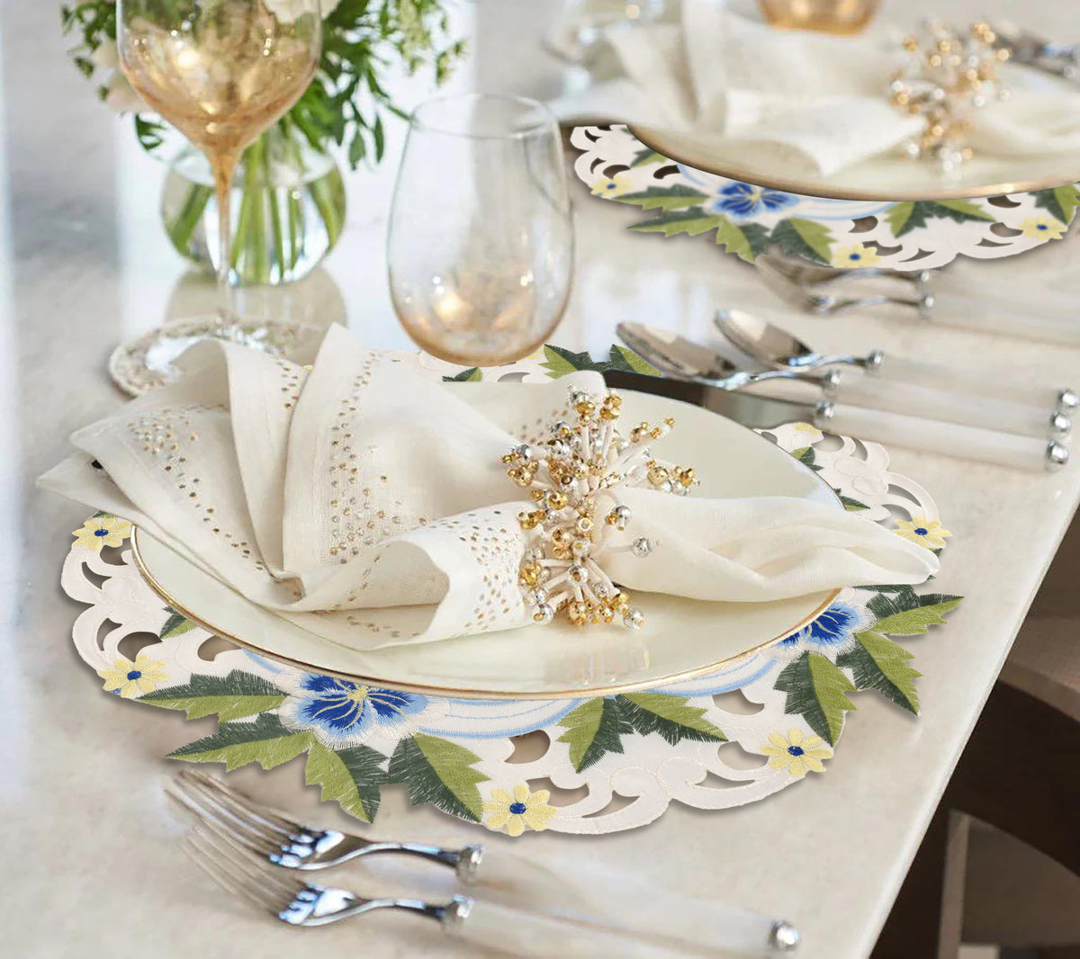 Set of four blue or green lace white doilies round placemats with European embroidery, 15-inch dining table home decor by RIZ.