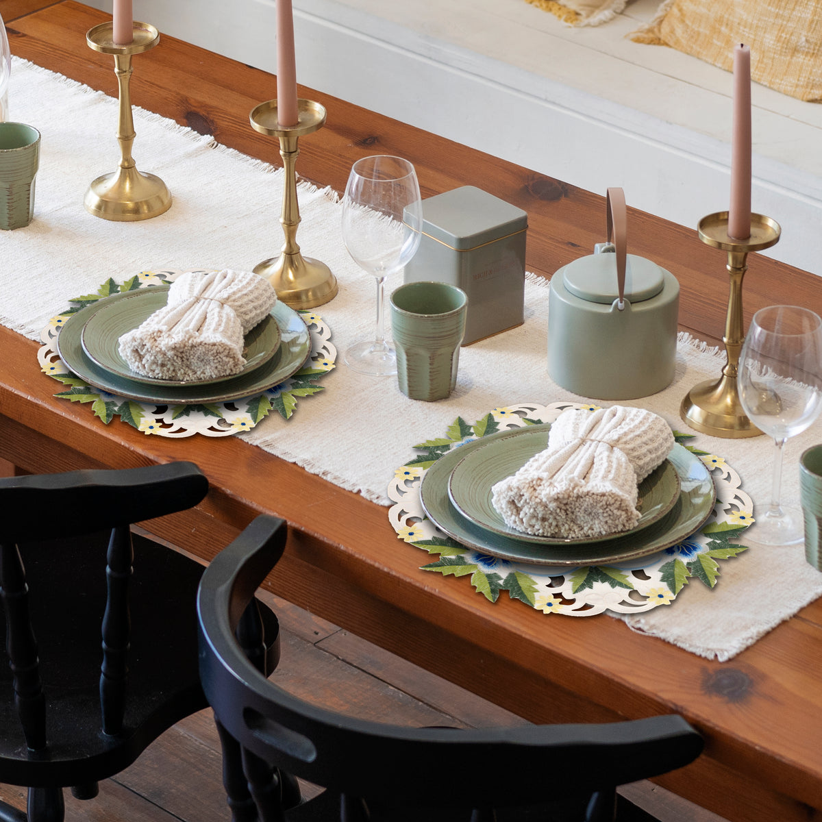Set of four round lace placemats in blue or green with white embroidery, 15-inch European-style doilies for dining and home decor.
