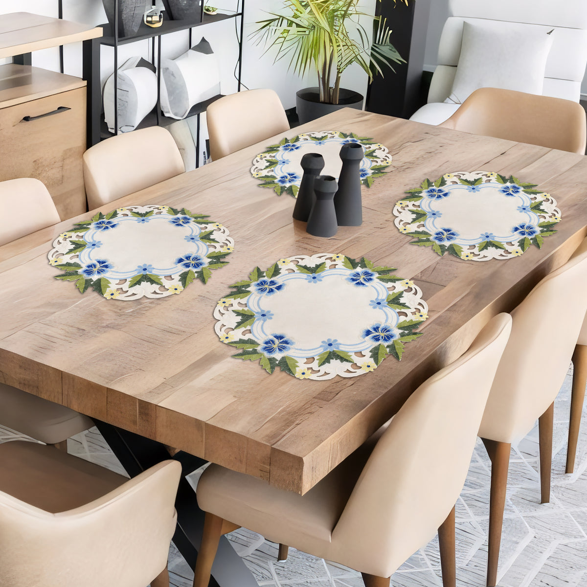 Set of four round lace doilies in blue or green with white embroidery, 15-inch placemats for dining table or home decor.