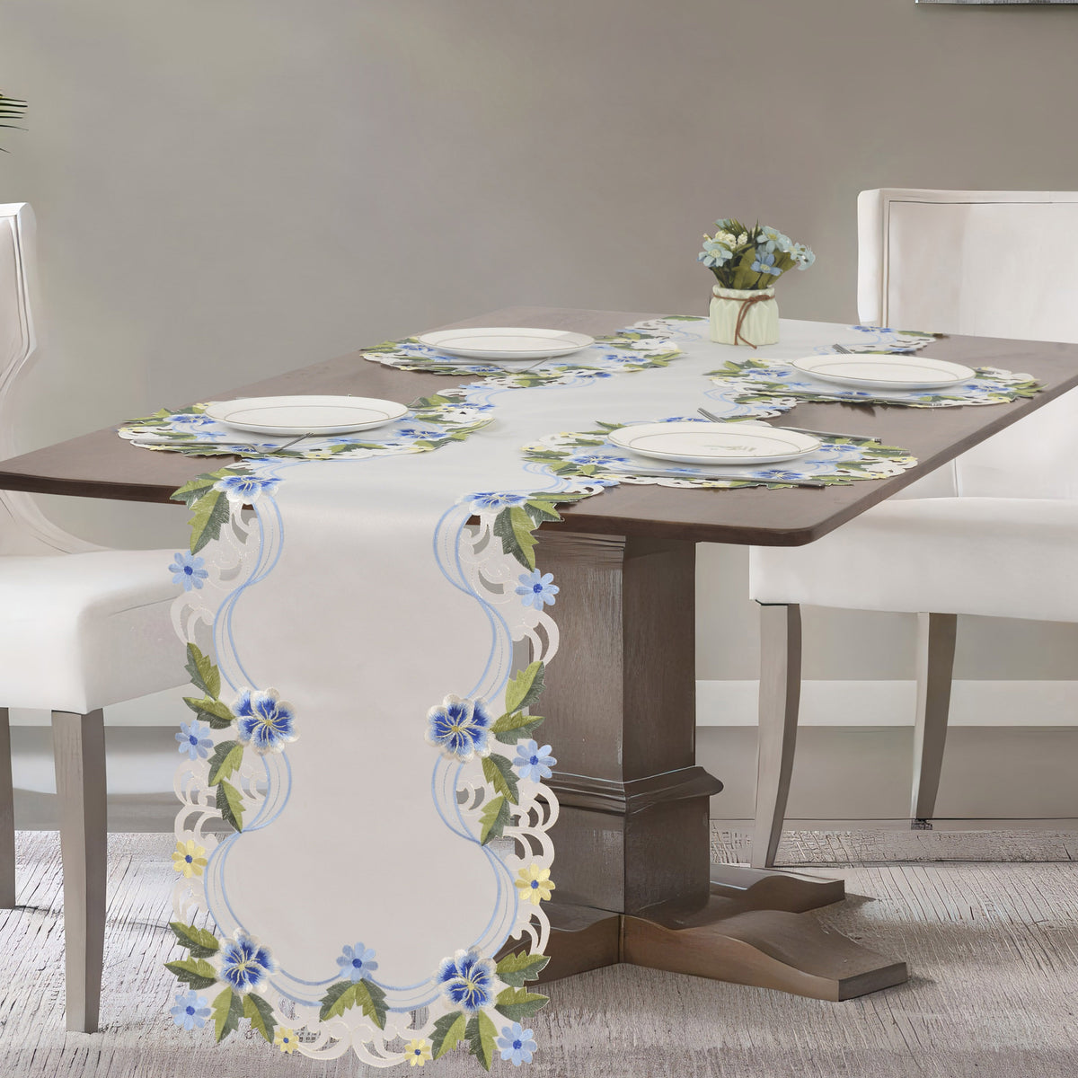 Set of four round lace placemats in blue or green with white embroidery, 15-inch European-style doilies for dining and home decor.