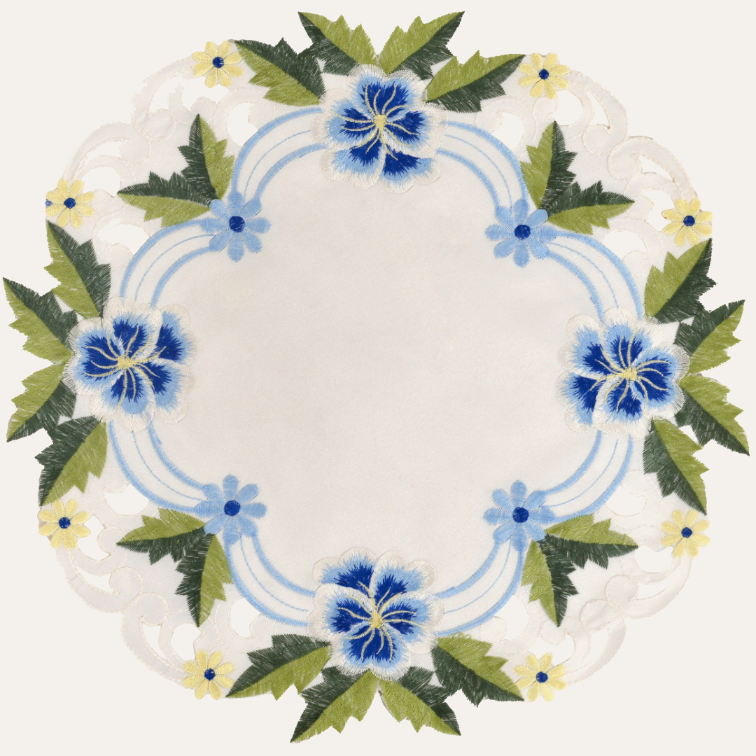 Set of 8 Decozen round lace placemats in blue or green with white embroidery, 15-inch European-style doilies for dining and home decor