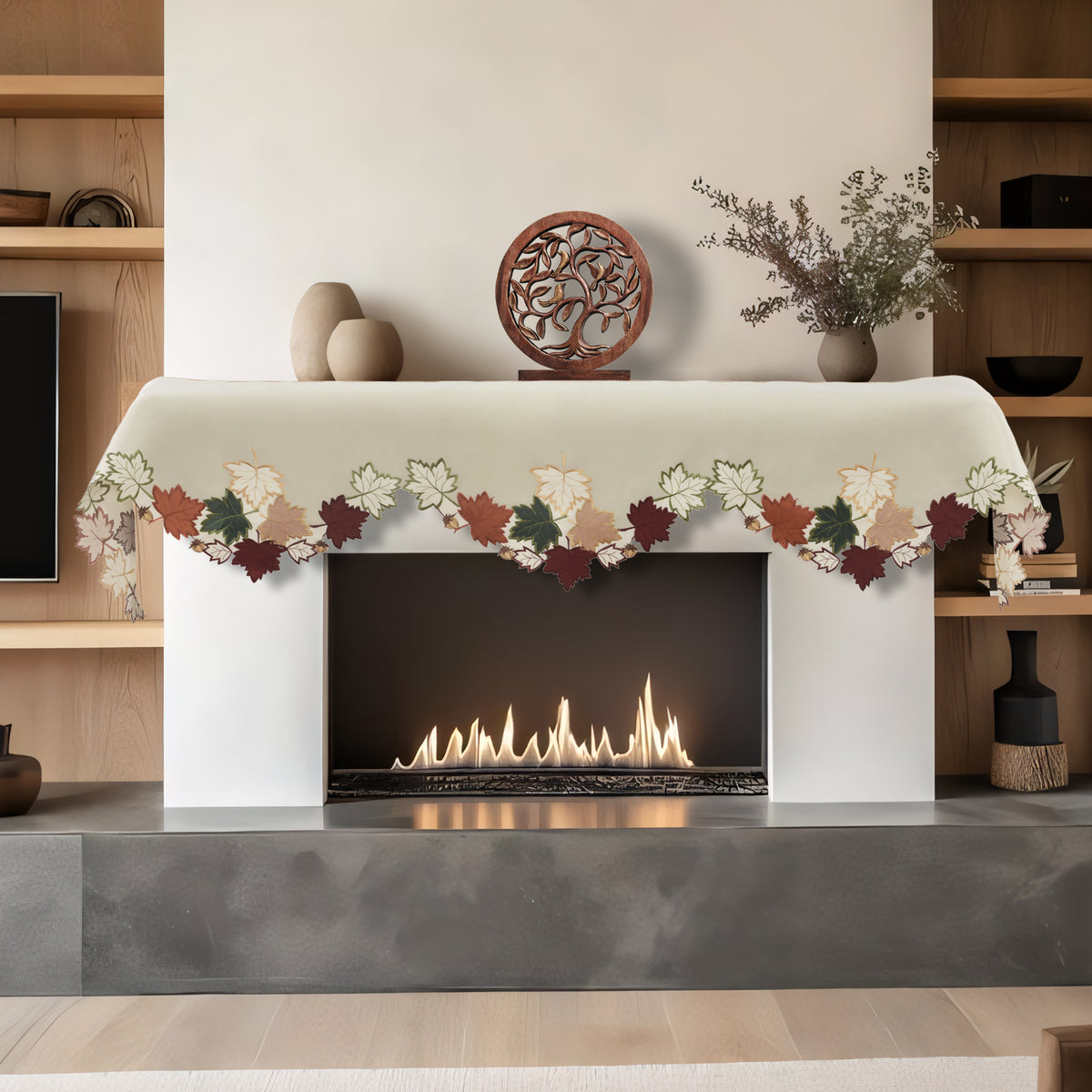 Cream white mantel scarf cover from RIZ Falling Petals collection, embroidered table linen, 18x90 inch decorative home décor.
