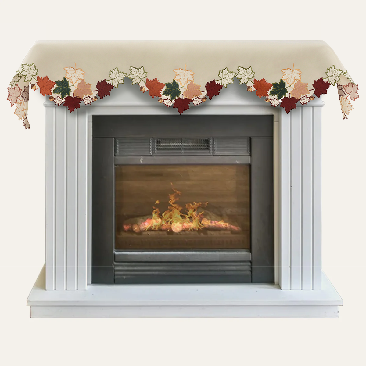 Cream white mantel scarf cover from Falling Petals Collection, artistic embroidered table linen by RIZ, 18x90 inches.