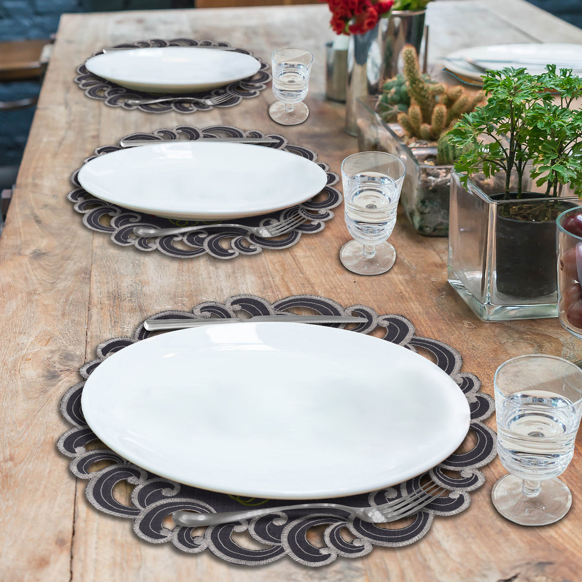 Set of four RIZ Aurora Charm premium round doilies, 15-inch elegant placemats for dining and event table decor.