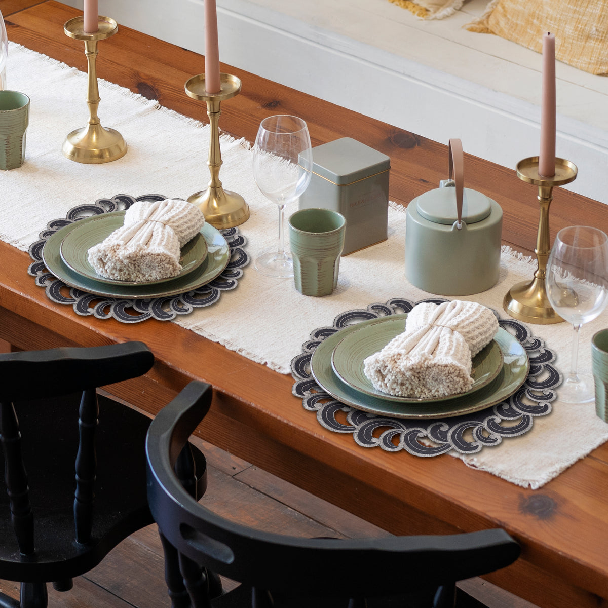 Set of four Aurora Charm premium round doilies, 15-inch decorative placemats by RIZ, featuring elegant floral patterns for dining and events.