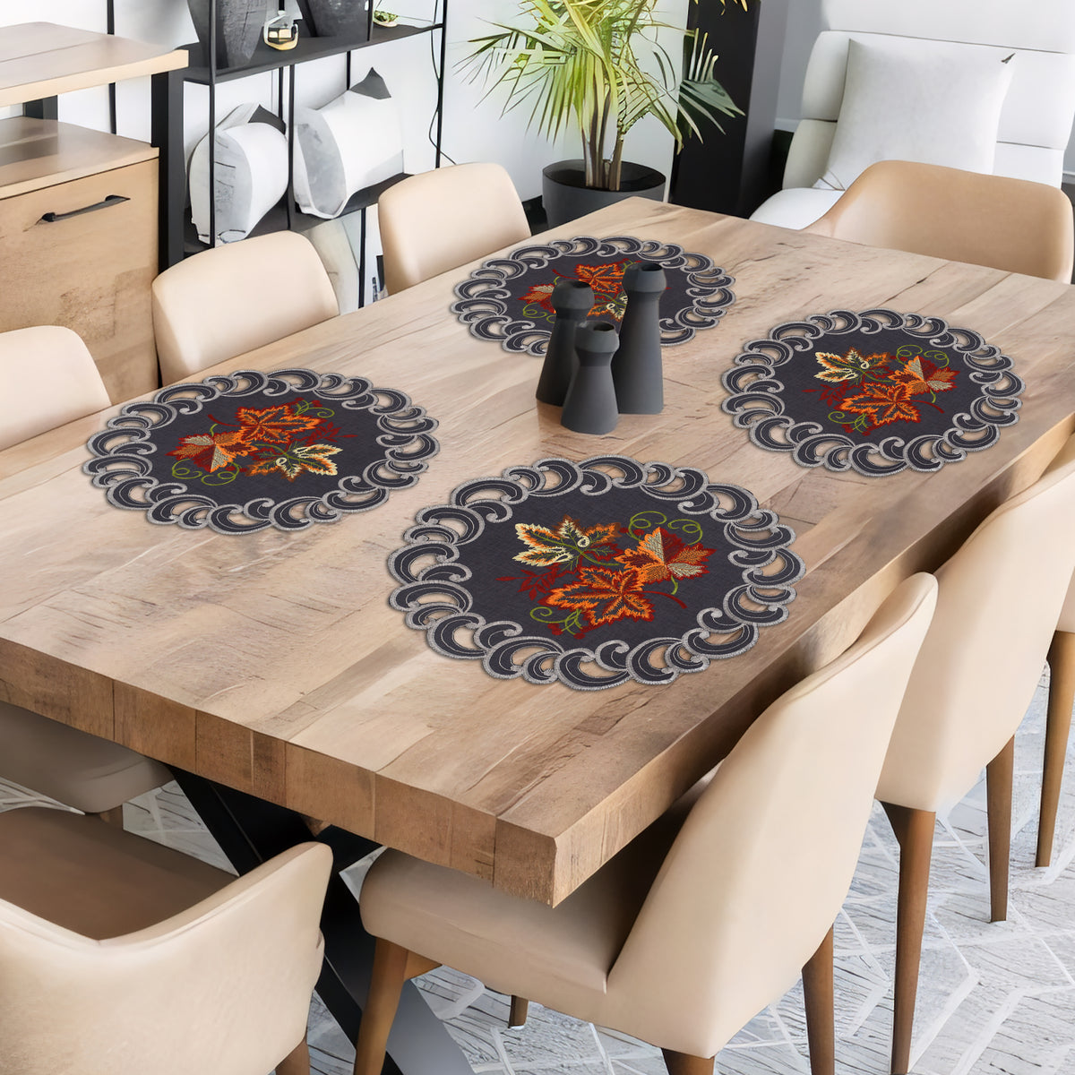 Set of four Aurora Charm round doilies by RIZ, 15-inch decorative placemats for dining and events with elegant design.