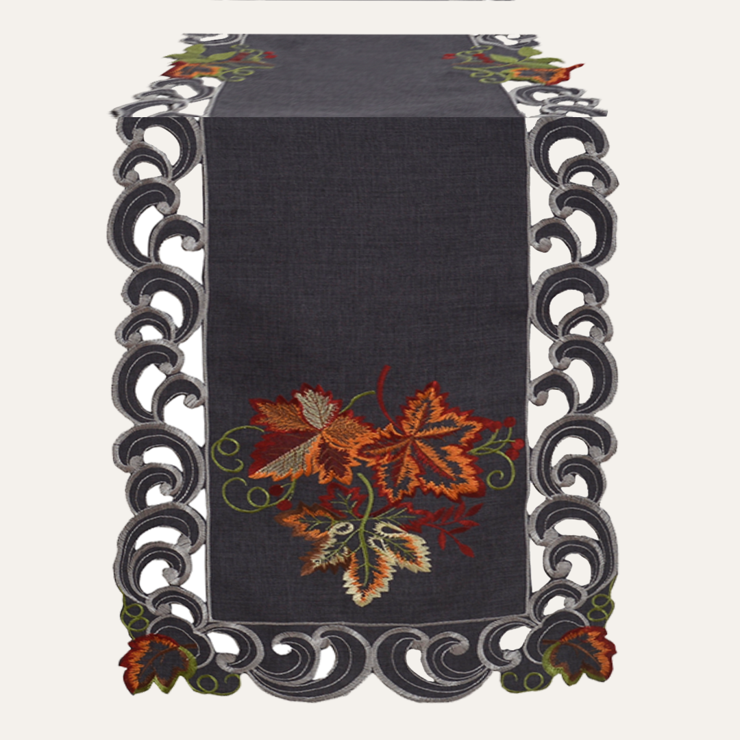 Charcoal gray RIZ Charcoal Fleur table runner with European embroidery, decorative dresser scarf, 14x108 inches.