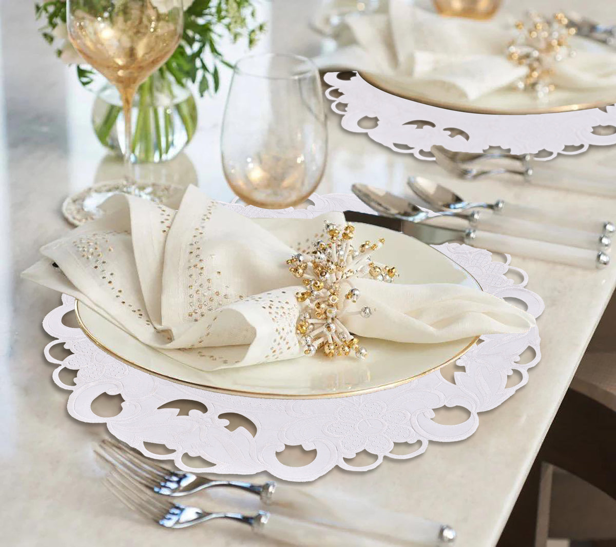 Set of four Regal Bloom RIZ round doilies, 15-inch elegant decorative placemats for dining and event table decor.