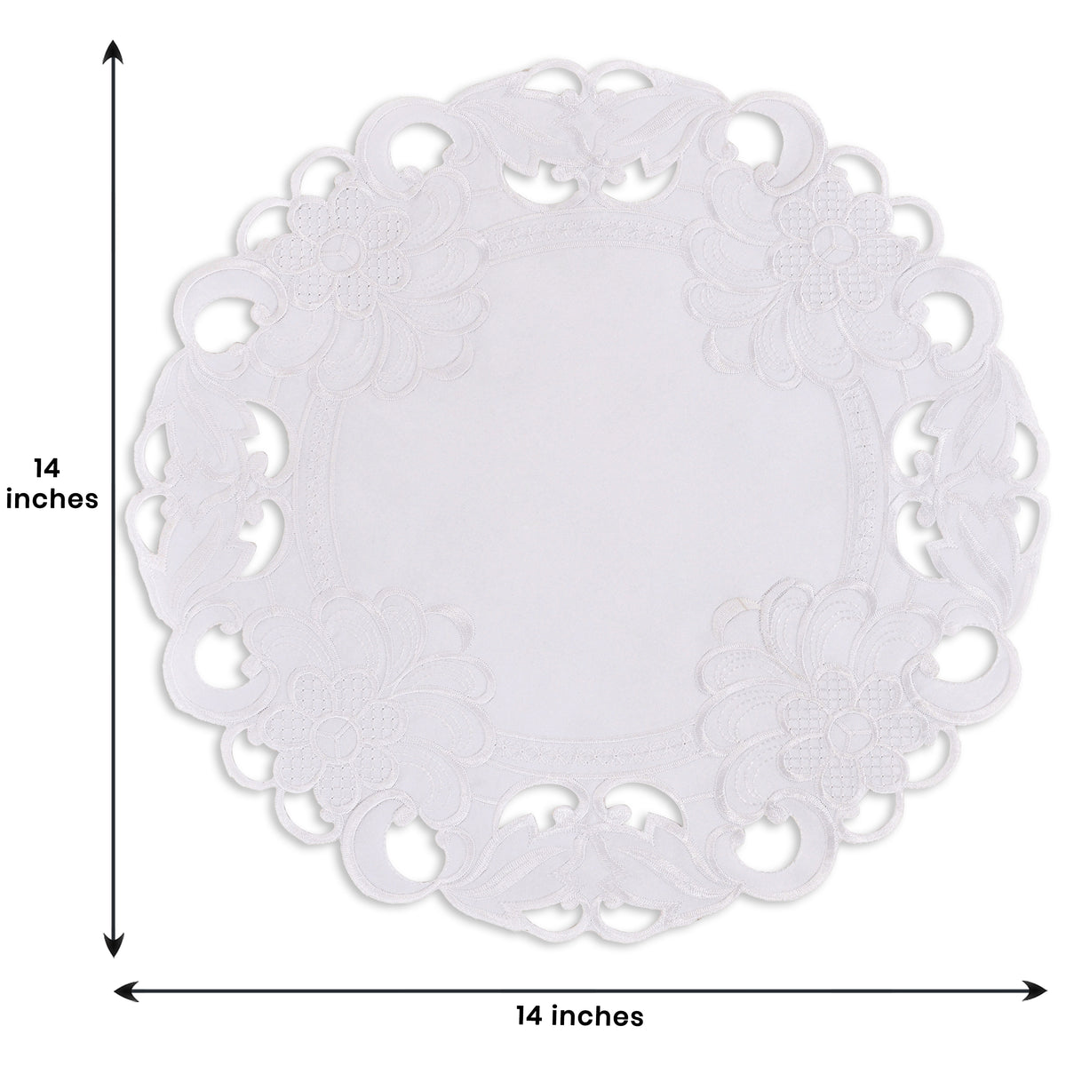 Set of four Regal Bloom premium round doilies, 15-inch elegant decorative placemats for dining and event table decor.