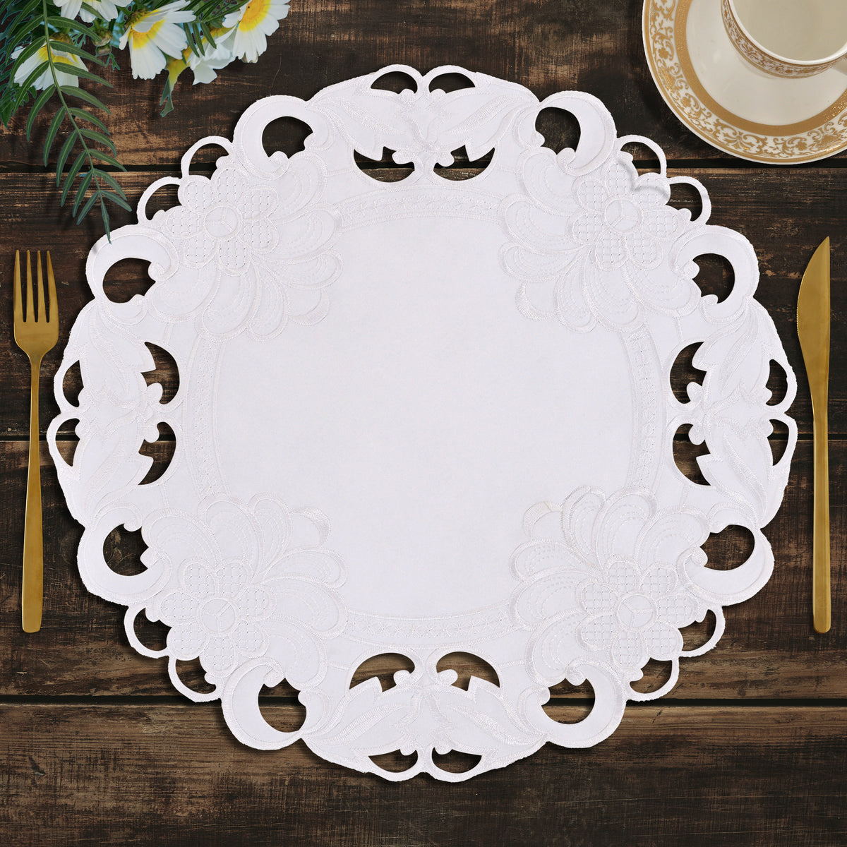 Set of four Regal Bloom RIZ premium round doilies, 15-inch elegant decorative placemats for dining and special events.