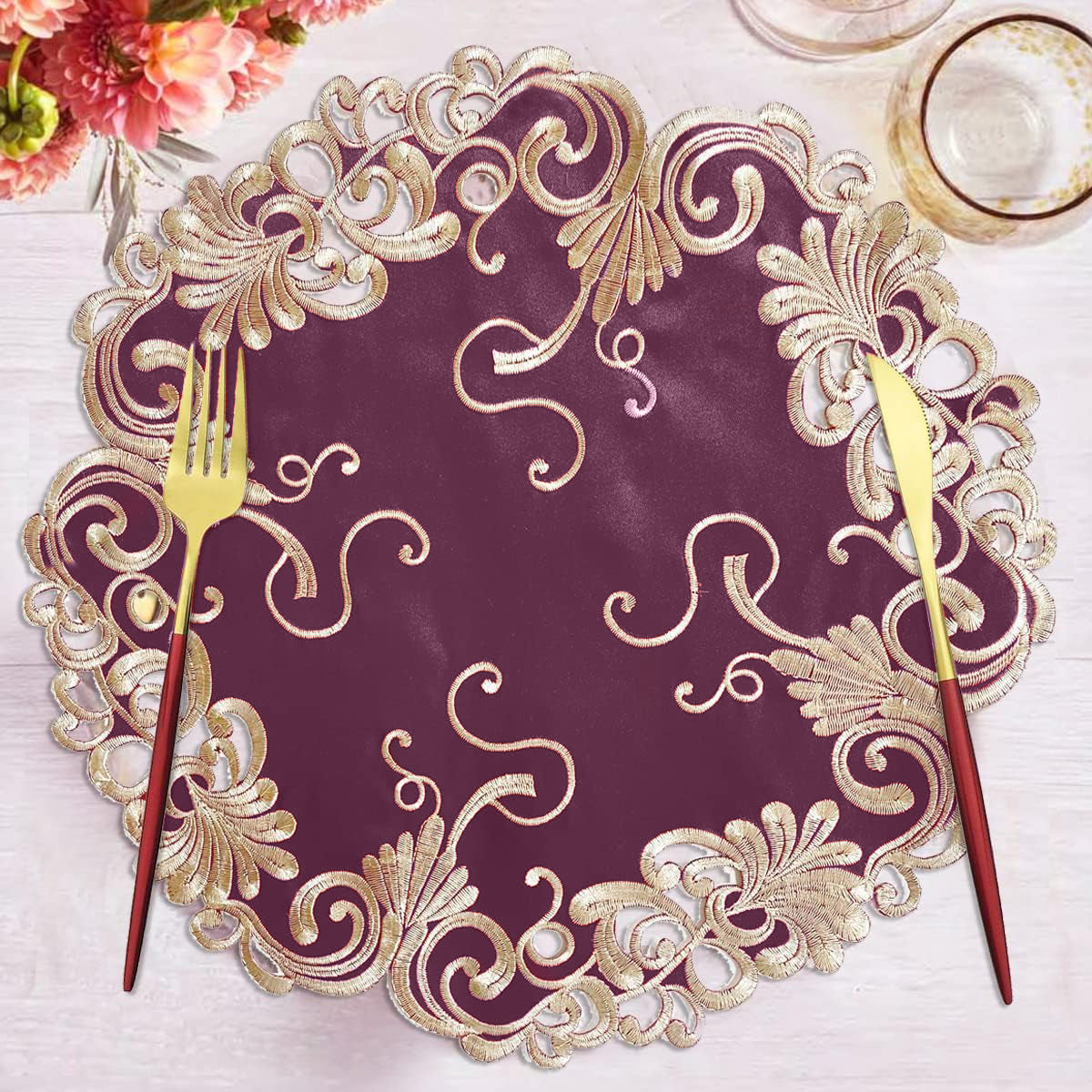 Set of four RIZ Opulent Weave 15-inch decorative placemats with intricate woven design for elegant dining and event table decor.