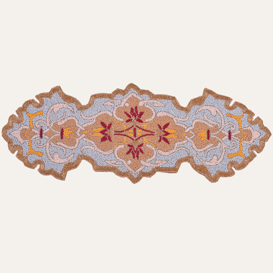 Beaded table runner with intricate beadwork, designed for decorative dining table settings, by RNR 00009.