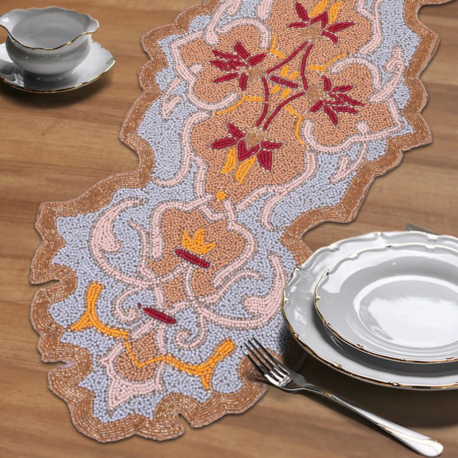 Beaded table runner from RNR 00009 with intricate beadwork, ideal for enhancing table decor with elegant detail.