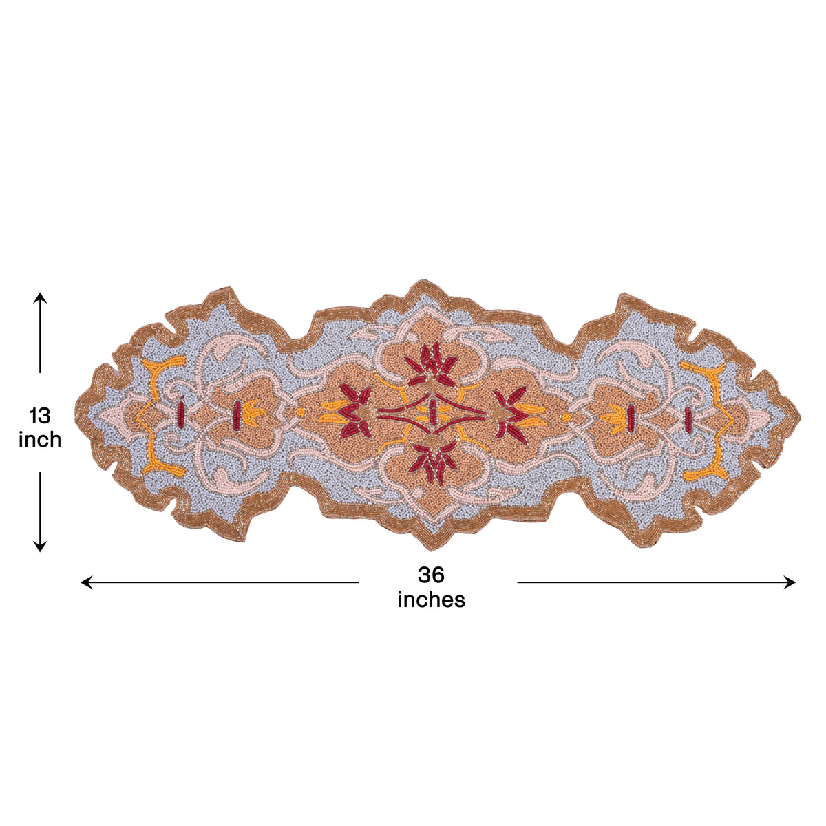 Beaded table runner by RNR 00009, featuring intricate beadwork and elegant design for decorative table setting.