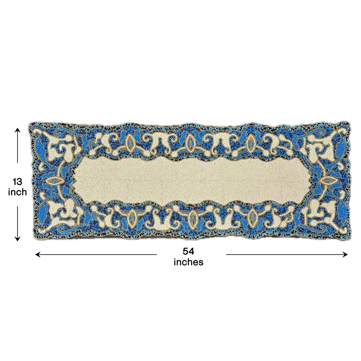 Beaded white and blue table runner, 54x13 inches, featuring intricate beadwork for elegant dining table decor.