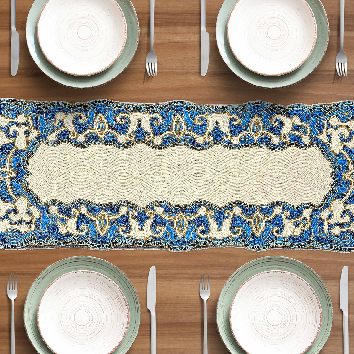 Beaded white and blue table runner, 36x13 inches, decorative table cover by RNR for elegant dining or special occasions.