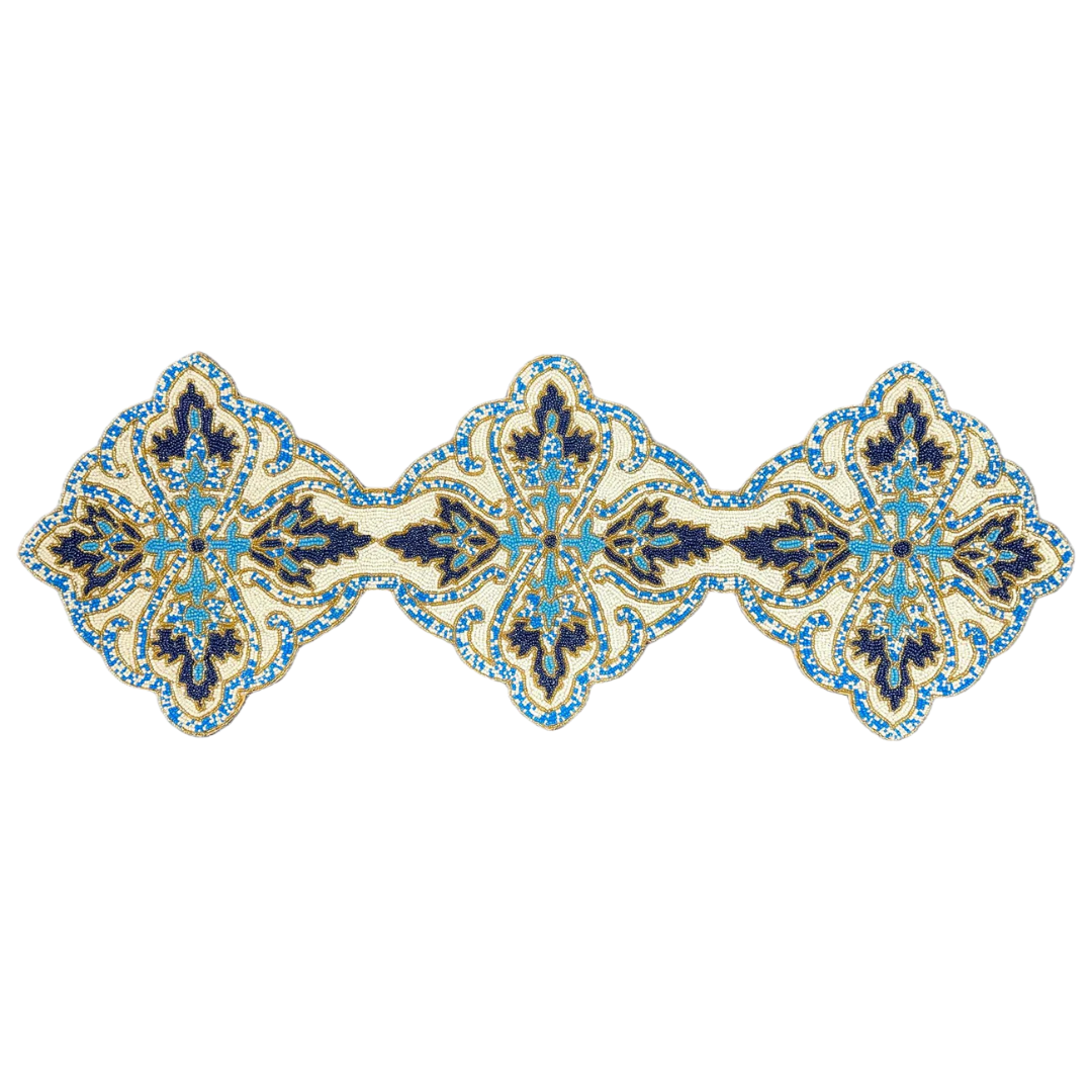 Beaded Table Runner - Blue White 54" x 13" - Decozen