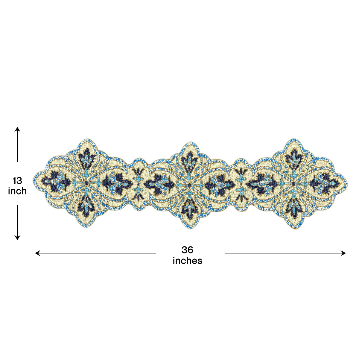 Beaded blue and white table runner, 36x13 inches, decorative table decor by RNR 00076 with intricate bead detailing.