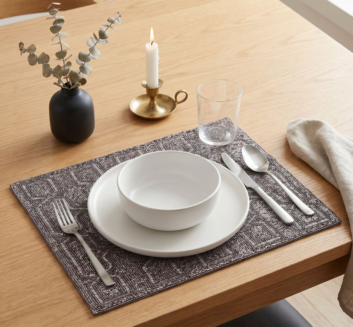 Embroidered beaded placemats from the Creola Grace Charger Plates collection, 15-inch elegant decorative dining table décor.