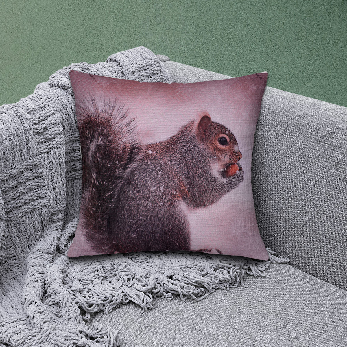Winter 6 squirrel printed design throw pillow cover with cozy squirrel illustration on soft cushion cover.