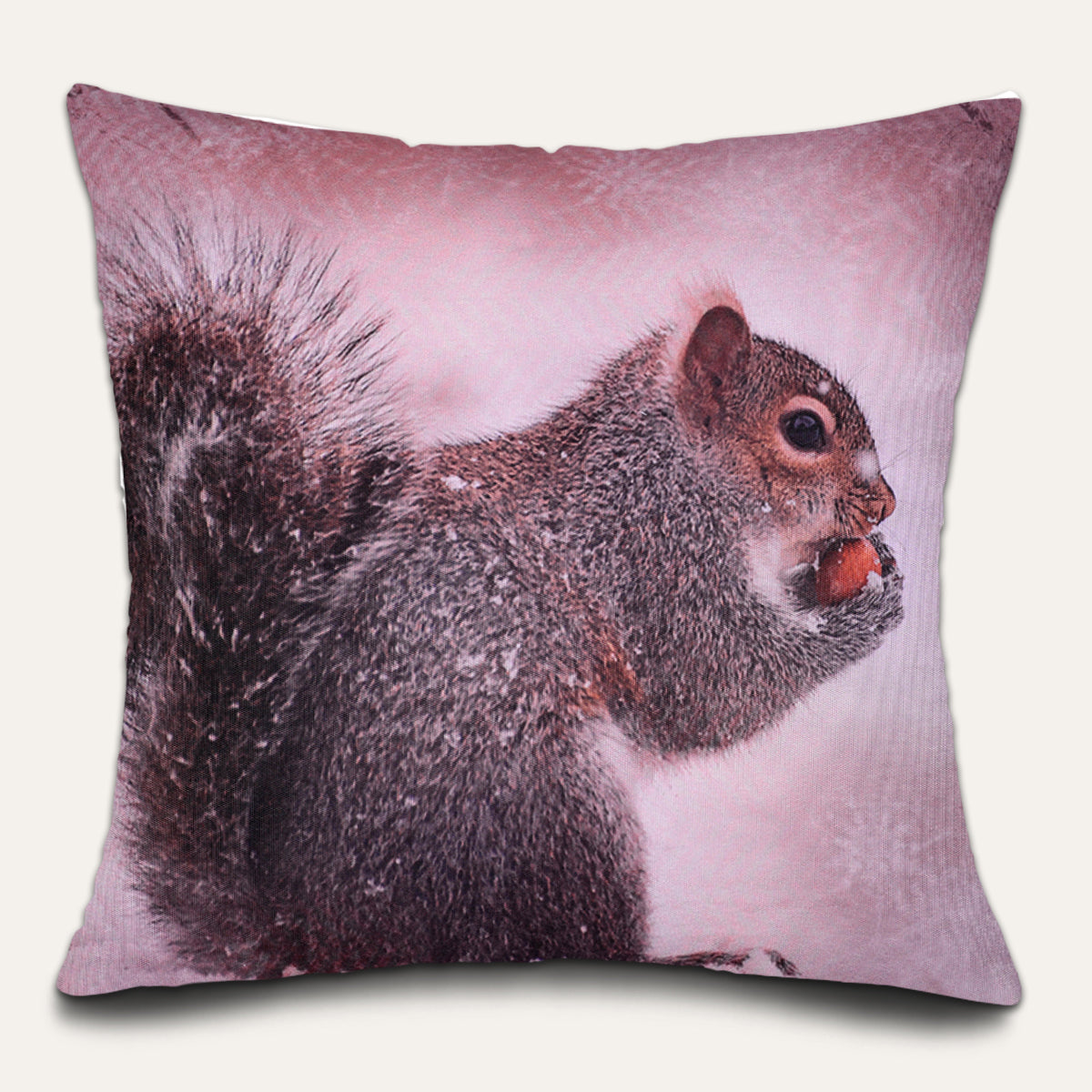Squirrel printed design throw pillow cover by WINTER 6, featuring a cozy squirrel illustration on a soft fabric cushion cover.