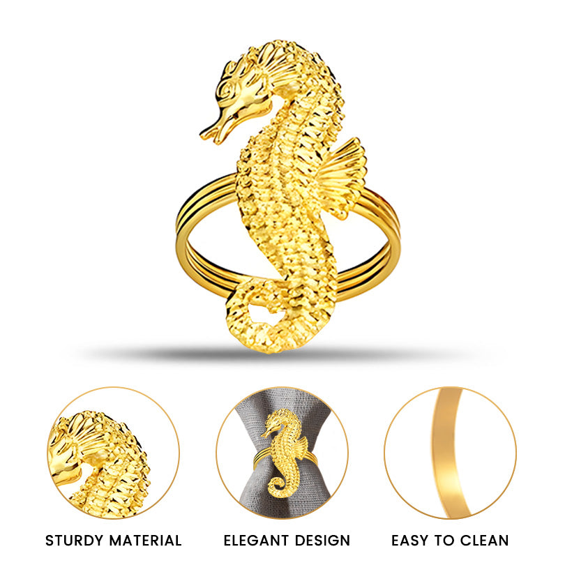 Set of four Ocean Majesty gold napkin rings featuring elegant sea horse design, decorative dining table accents by ZWZ-18-106-1.